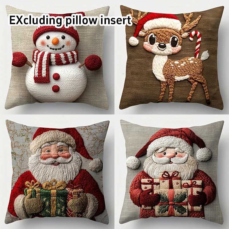 45cm Grey Red Christmas Pillowcase Cute Cartoon-style Imitation Embroidery Linen Printed Sofa Pillowcase For Holiday Decoration Y251105