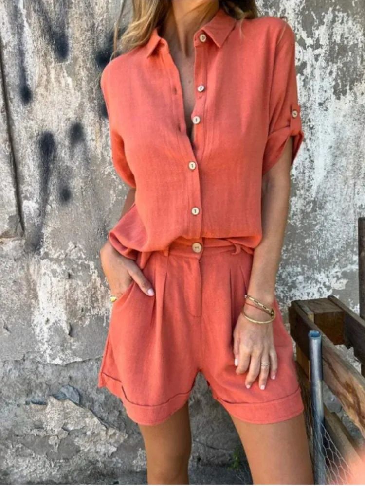 Summer fashion cotton linen two-piece set womens casual solid collar button short sleeved shirt two-piece set women 250401