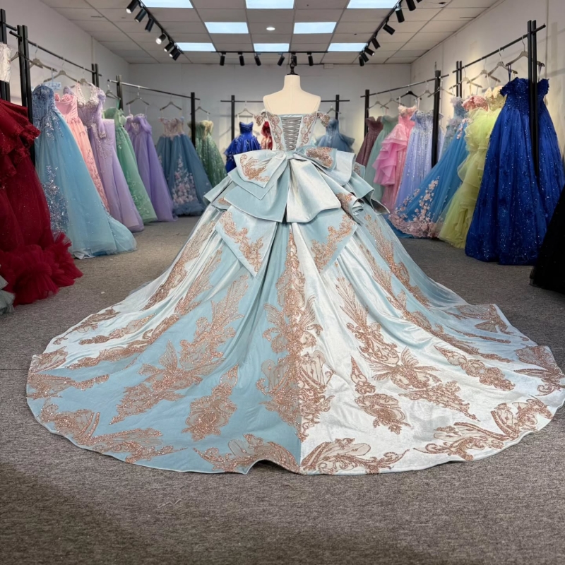 Sky Blue Shiny Quinceanera Dresses Off The Shoulder Sequin Applique Lace Beading Crystal Bow Party Birthday Sweet 16 Dress Vestidos 15 Anos