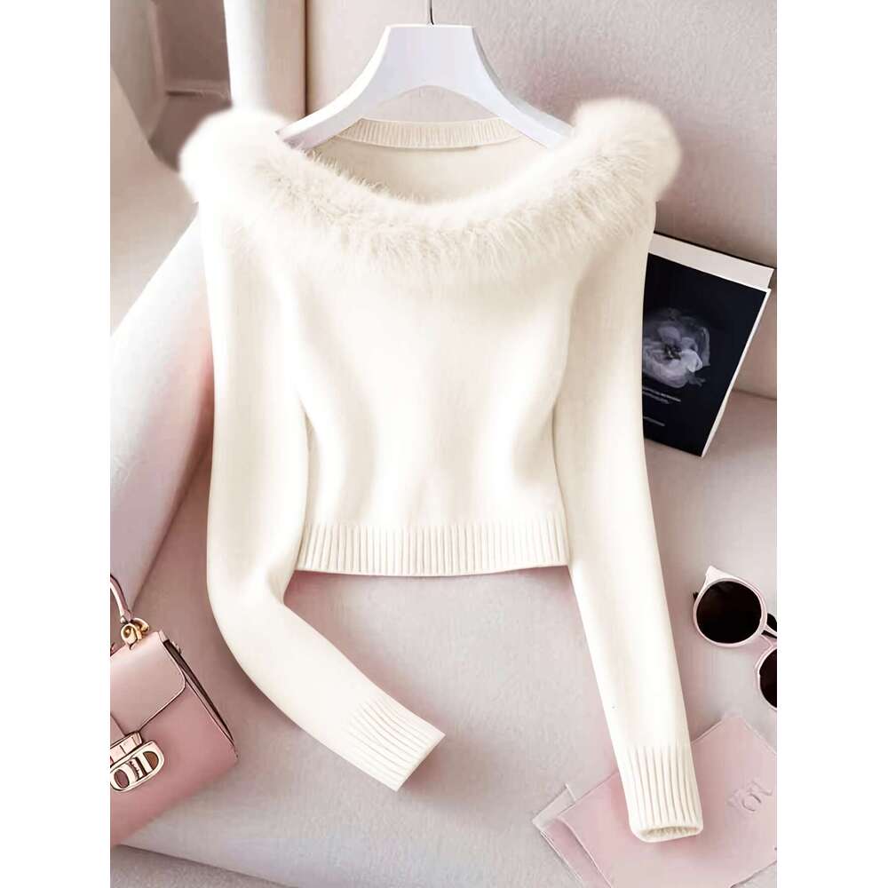 Women's French-Inspired Elegant Off-The-Shoulder Sweater With Faux Fur Trim - Soft Pink Long Sleeve Top, Medium Stretch For All-Season Casual & F