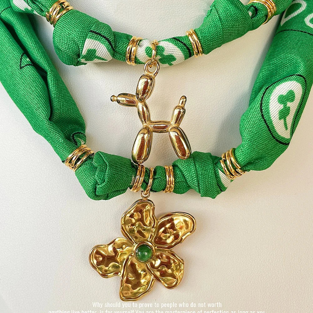 Orange Bandana Necklace with Gold Plated Charms Sun Balloon Dog Star Heart Conch Fruit Flower Perfume 251031