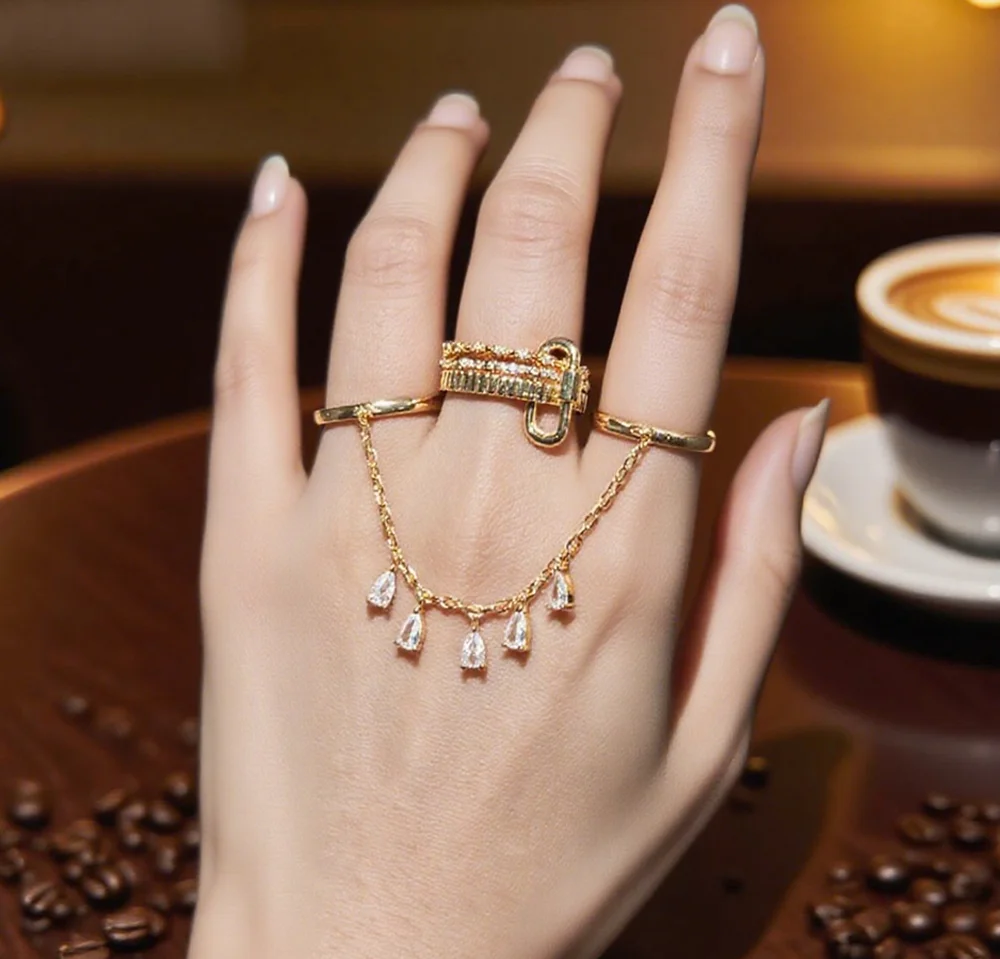 2025 New Fashion Gold Plating Water Drops Tassel Chain Ring Bling 5A CZ For Women Girl Double Layer Personalized Jewelry