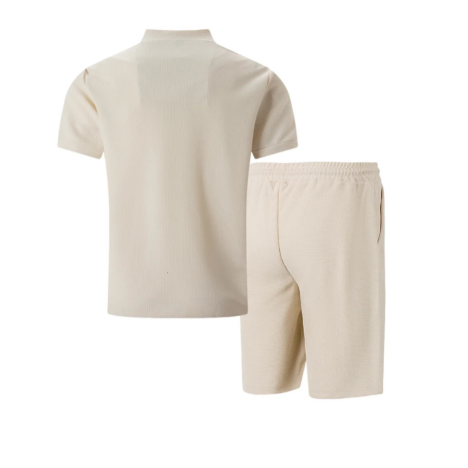 Mens summer waffle collar small zipper solid color short sleeved shorts mens outdoor casual set 250402