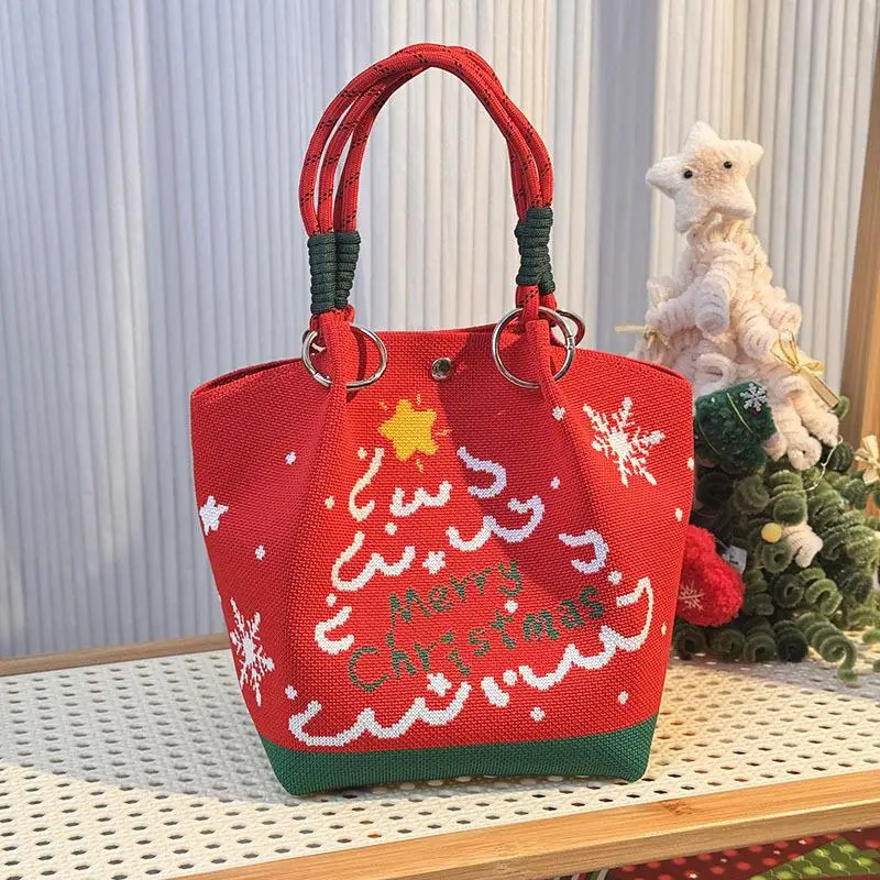 Cartoon Reindeer Santa Claus Knitted Bucket Bag For Women Fashion Large Capacity Portable Handbag Christmas Knitted Gift Bag 251104
