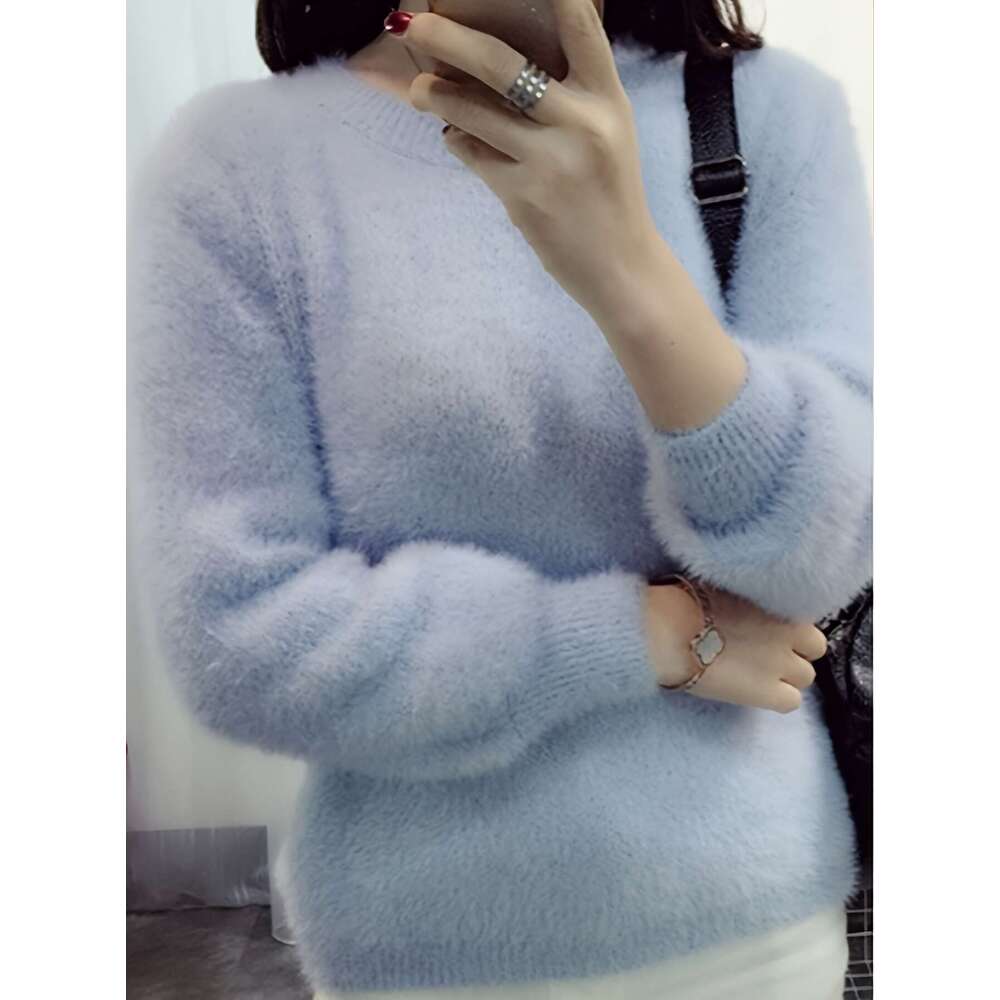 Lavender Sweater Faux Fur Women's Sweater | Loose Fit Thick Long Sleeve Round Neck Top, All-Season Elegant Casual & Formal Comfortable Winter Wea
