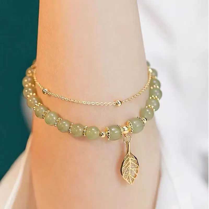 Chinese Style Green Jade For Women Exquisite Gold Color Leaves Wrist Strap Bangle Double Chain Girls Gifts C251105