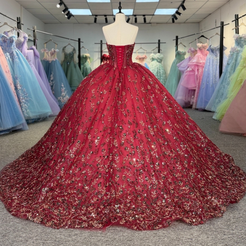 Red Shiny Quinceanera Dresses Off The Shoulder Sequin Applique Lace Beading Tull Party Birthday Sweet 16 Dress Vestidos 15 Anos