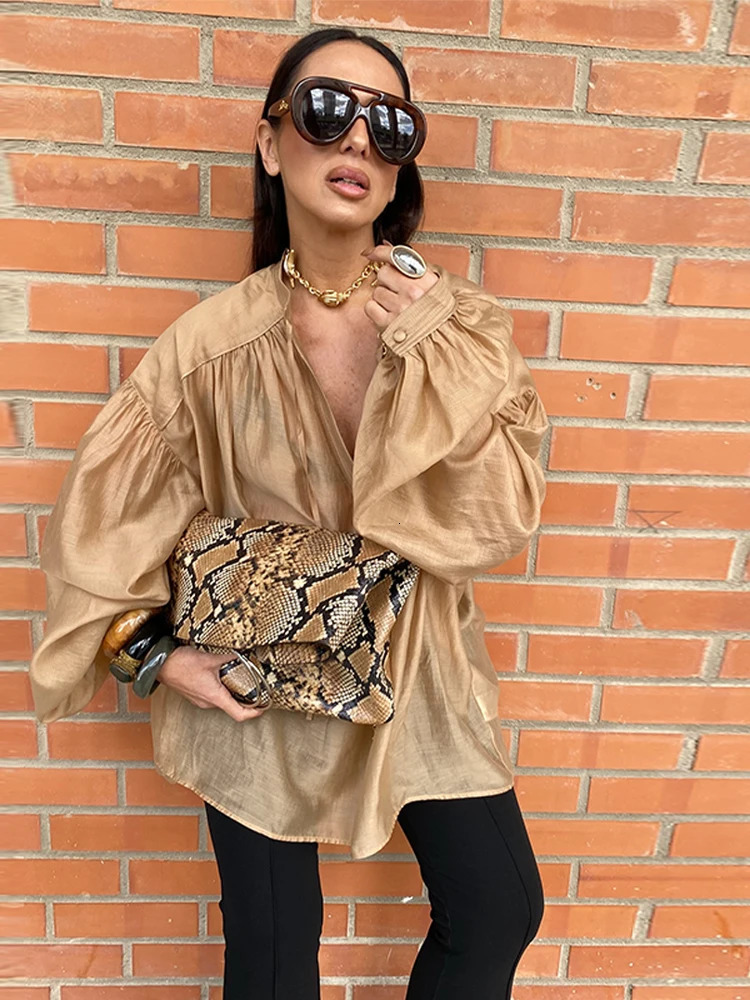 Elegant loose womens shirt lace O-neck lantern sleeve womens T-shirt spring/summer street fashion splicing womens top 250402