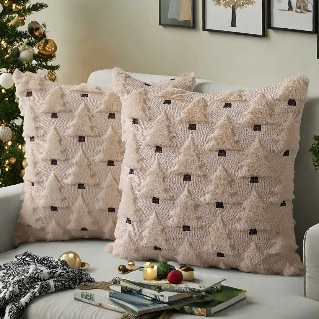 2pcs Christmas Pillow Covers 45x45 cm Beige Christmas Tree Throw Pillow Cases Decorations Soft Covers Winter Holiday Decor Y251105