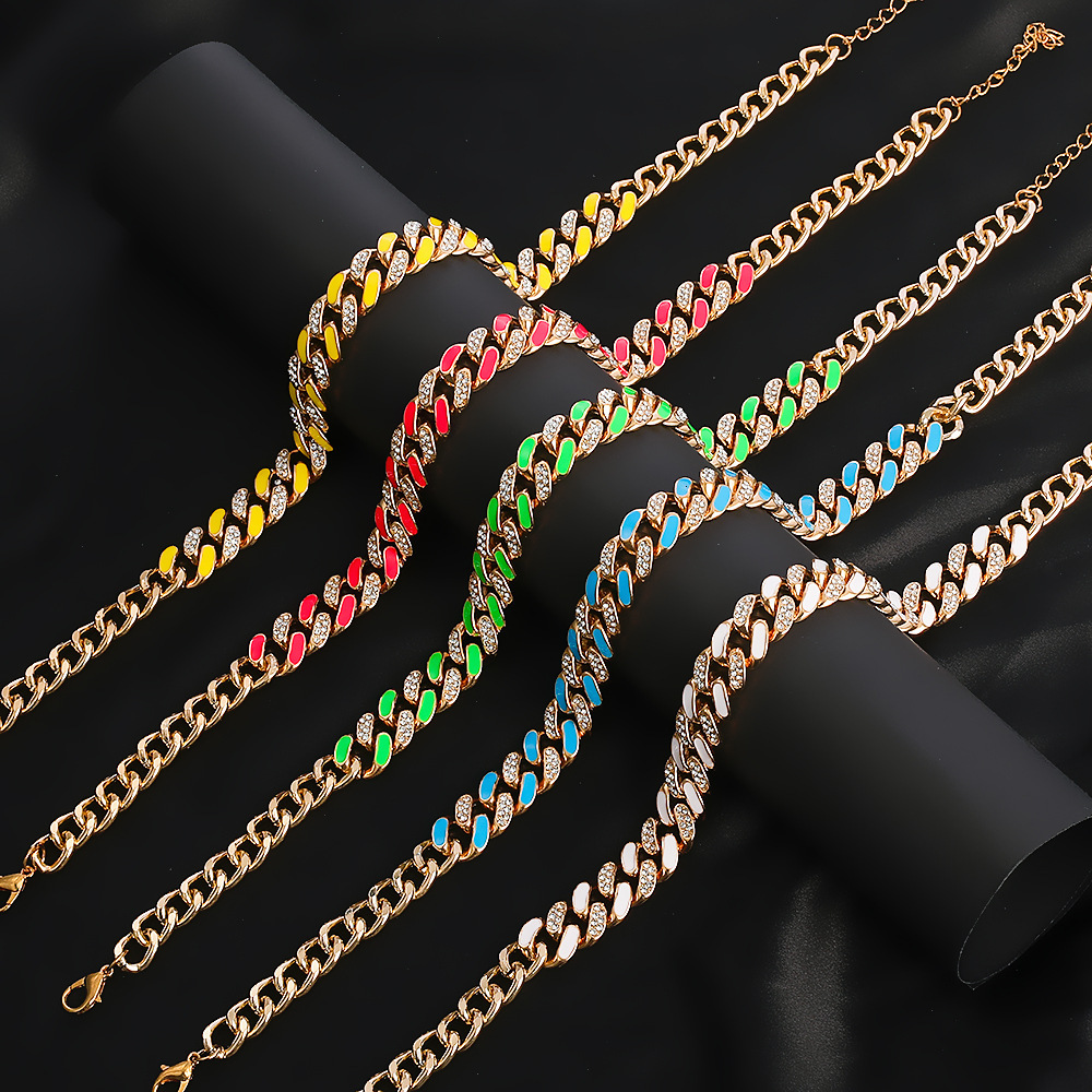 Hip Hop Two-Tone Rhinestone Thick Necklace Fashion Trendy Brand Oil Drip Cuban Chain Unisex New Arrival