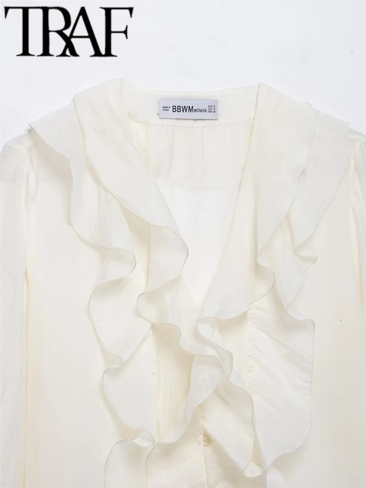 TRAF ROBE Y2K Lightweight Women Casual Blouse 2025 Summer Semi Sheer Tierred Ruffles V Neck Long Sleeve Fitted Shirt Female Top 250402