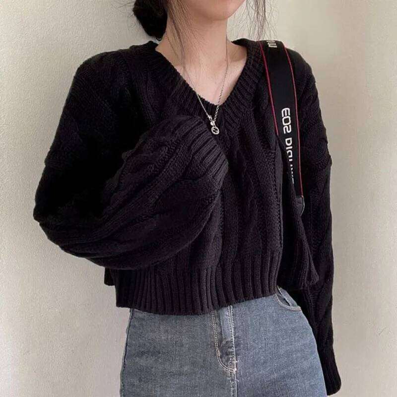 Vintage Twist Cropped Sweater Pullover Women Autumn Winter Loose V-Neck Knitted Jumper Lazy Style Classic Long Sleeve Knitwear Designer Sweater Bear S