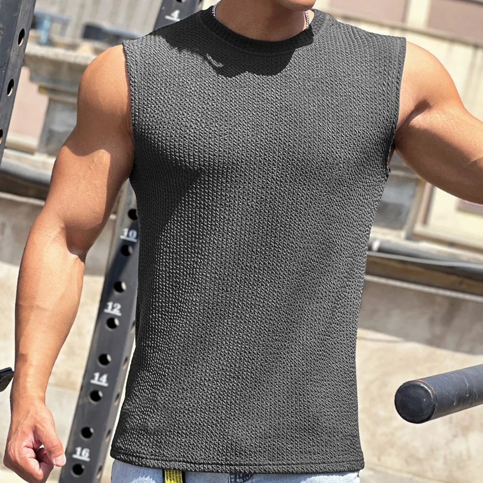 Summer Trend Mens Pullover Round Neck Serpentine Base Shirt Sports Fitness Top Sleeveless Vest Wide Shoulders 250402