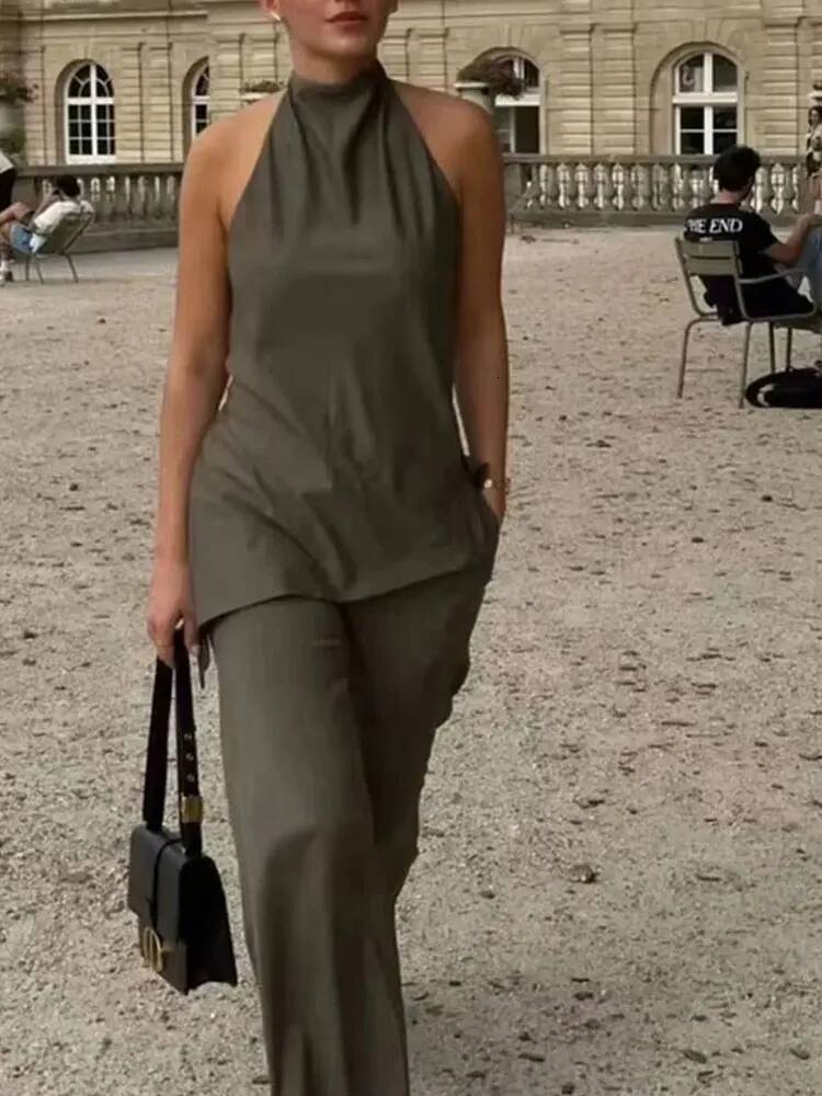 winter jacket women HH Women Vintage Solid Pant Sets Sexy Backless Halter Camis Asymmetric Tank Top + Drawstring Trousers Fashion Streetwear