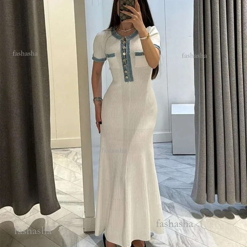 YoooMuoo fashionable denim patch work O collar single chest knitted Maxi dress elegant pocket long sleeved vacation robe 250226