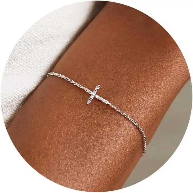 Dainty Cross Bracelet- 925 Sterling Silver/18k Gold Plated CZ Chain Bracelets for Women Trendy Religious Christian Jewelry GiftsXJ251105
