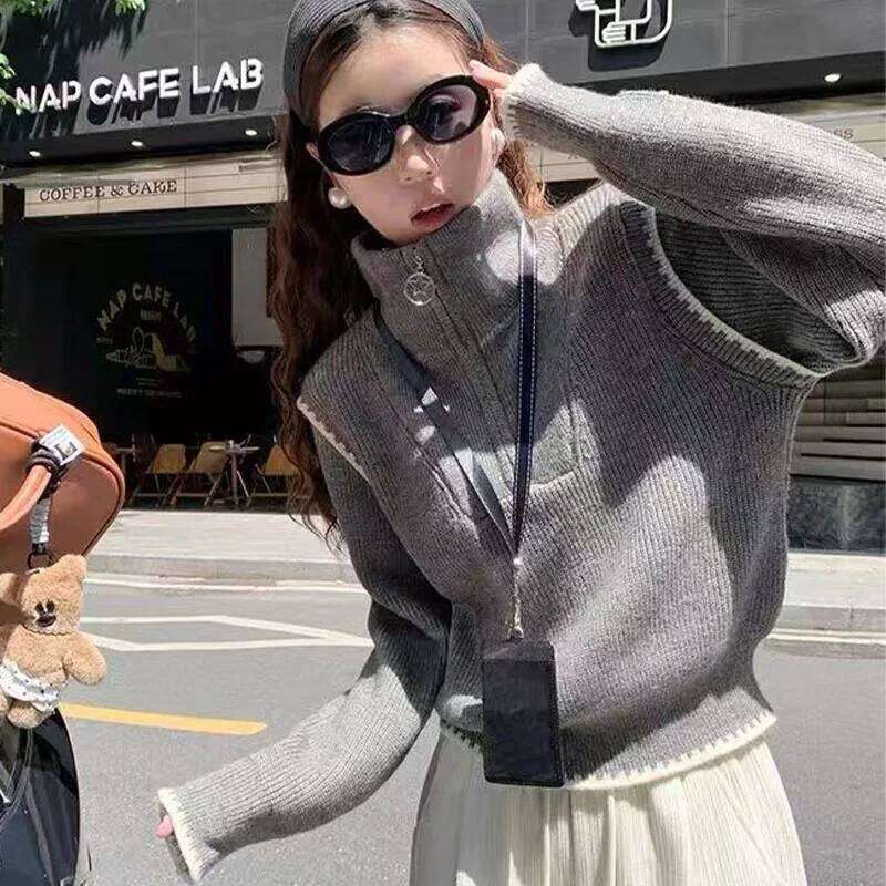 Autumn And Winter New Semi-Zipper Sweater Turtle Neck Women's Joker Loose Padded Knit Top Designer Sweater Bear Sweater