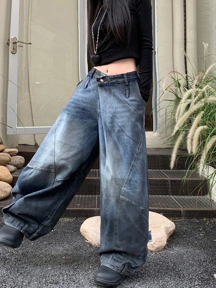 Grunge Y2K Street Laundry Blue Pocket Wrinkled Jeans Suitable for Womens Clothing Loose Long Legs Older Ladies Trousers 250403