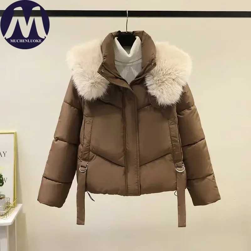 Womens Jacket Winter New Fur Collar Long Sleeves Thickening Keep Warm Parkas Korean Fashion Slim Fit Street Trends Parka CoatsT251105