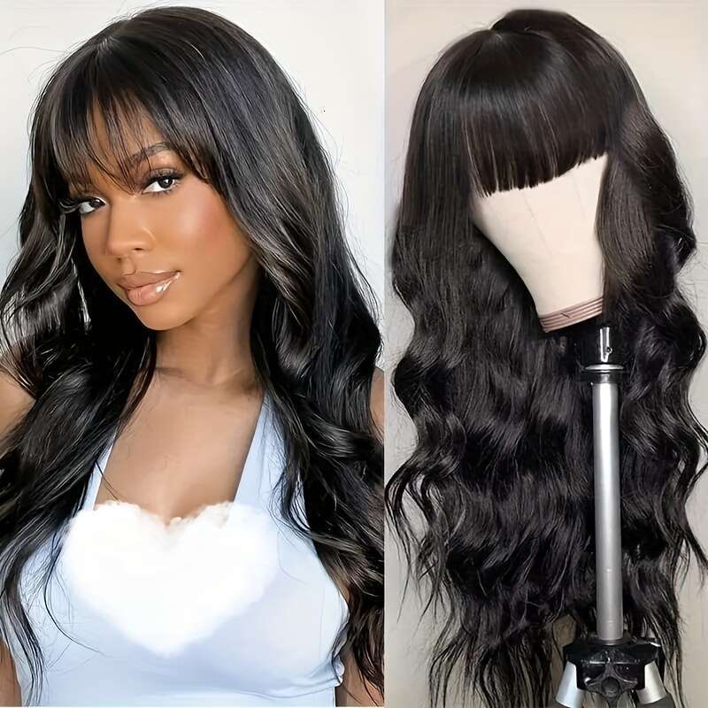 200% Density Brazilian With Bangs Long And True Length Human Hair #1B Glueless Body Wavy Full Hine Made Scalp Top Wig No Lace Front Wigs For Women Nat