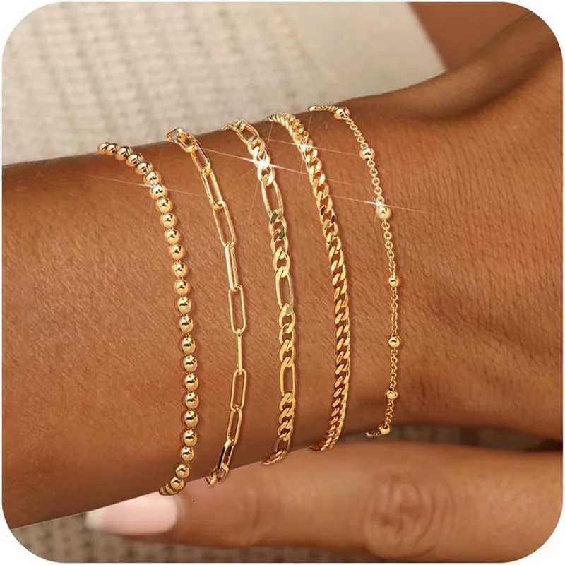 14K Gold Plated Stainless Steel Bracelet Set Waterproof Paperclip Chain Cuban Link Layered Bracelets Sets Gifts for Women GirlsXJ251105