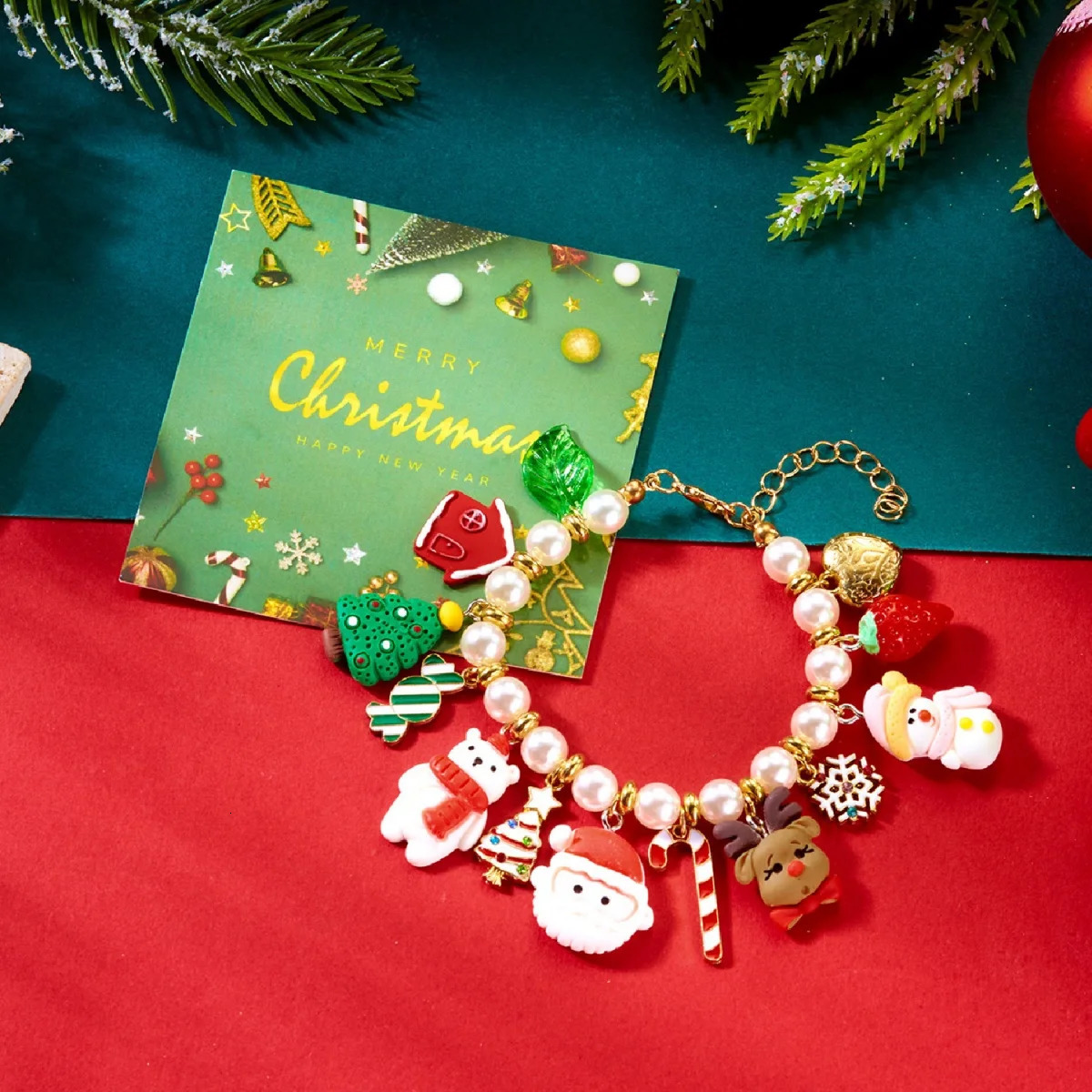 Christmas Bracelet Resin Santa Claus Deer Snowman Star Gingerbread Tree Strawberry Pearl Bangle Jewelry For Women Men 251104