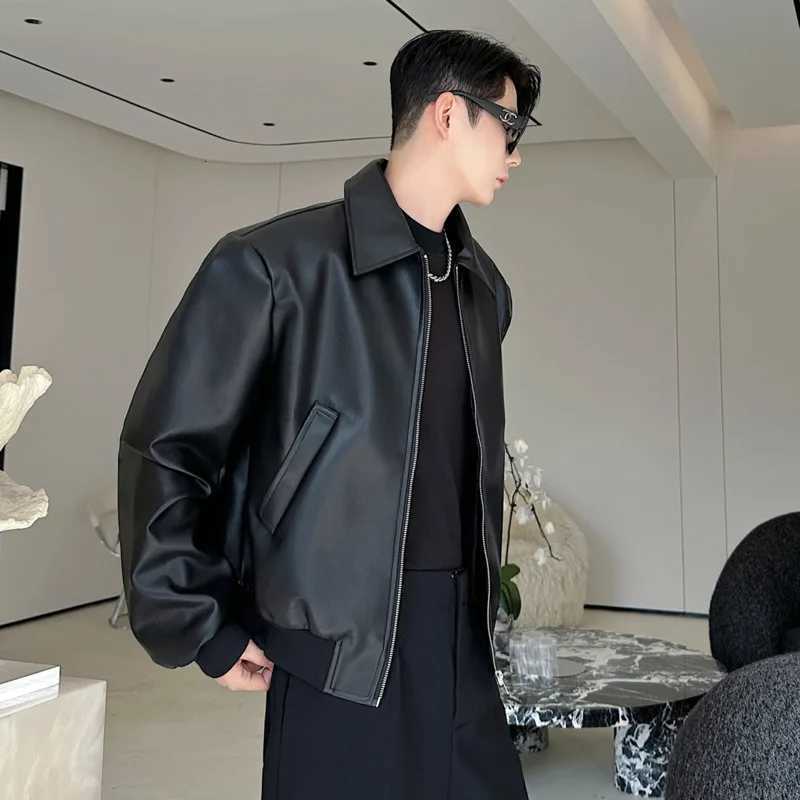 IEFB High Strt Mens PU Leather Coats Lapel Solid Color Casual Clothing Silhouette Loose All-match Male Jackets Autumn 9X914 C251105