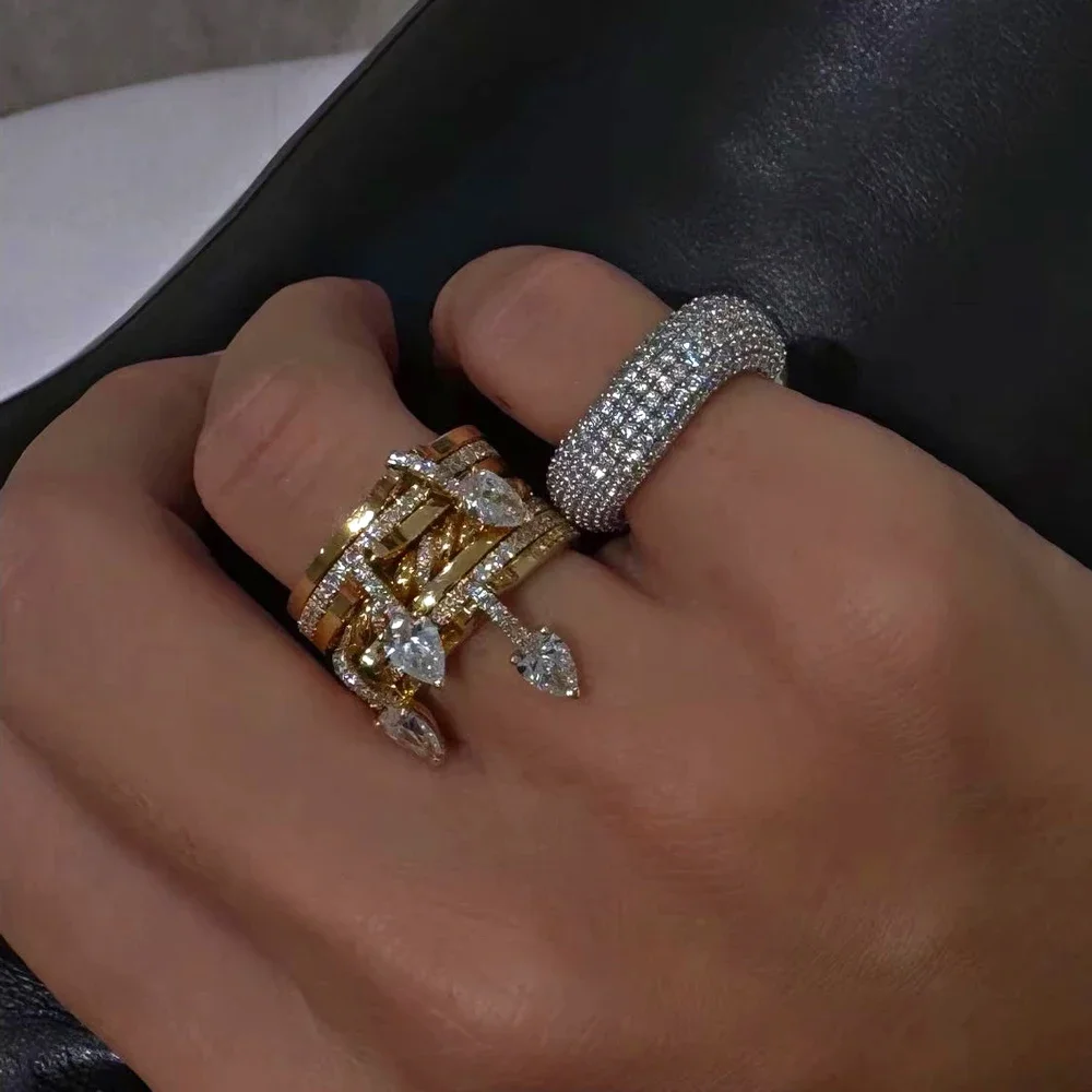 2025 New Fashion Gold Plated Double Layers Circle Ring Bling Cubic Zirconia For Women Party Wedding Jewelry