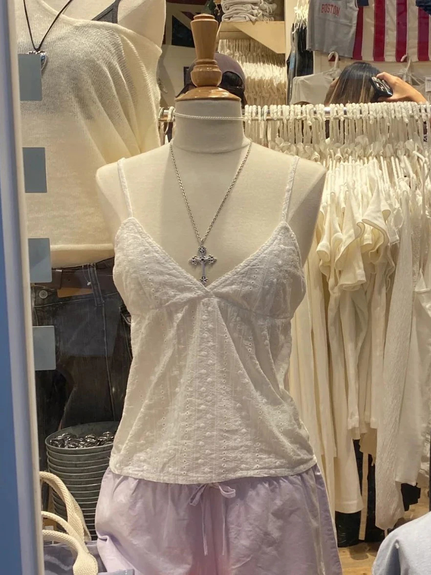 Eyelet Back lace white vest womens sexy V-neck soft cotton ultra-thin cut vest summer sweet preparatory style cut top Y2k 250402