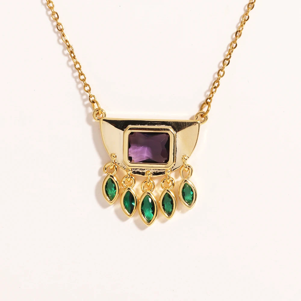 Stainless Steel Half Round Green Oval Zircon Tassel Pendant Necklace For Women Daily Wear Fashion Neck Chain Waterproof Jewelry 251031