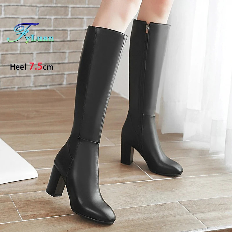Plus Size 48 Square Toe Knee High Boots Women Side Zipper Winter Warm Long Shoes Comfort Thick Heel 75CM Black Leather Boots 251031
