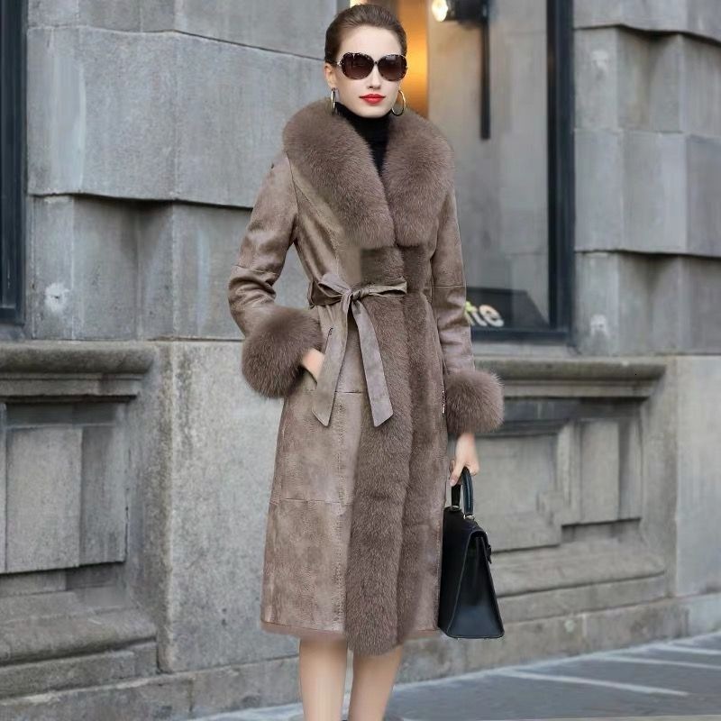 2025 Winter New Fox Fur Collar Genuine Leather Slim Fit Long Shearling Coat for Women 241120