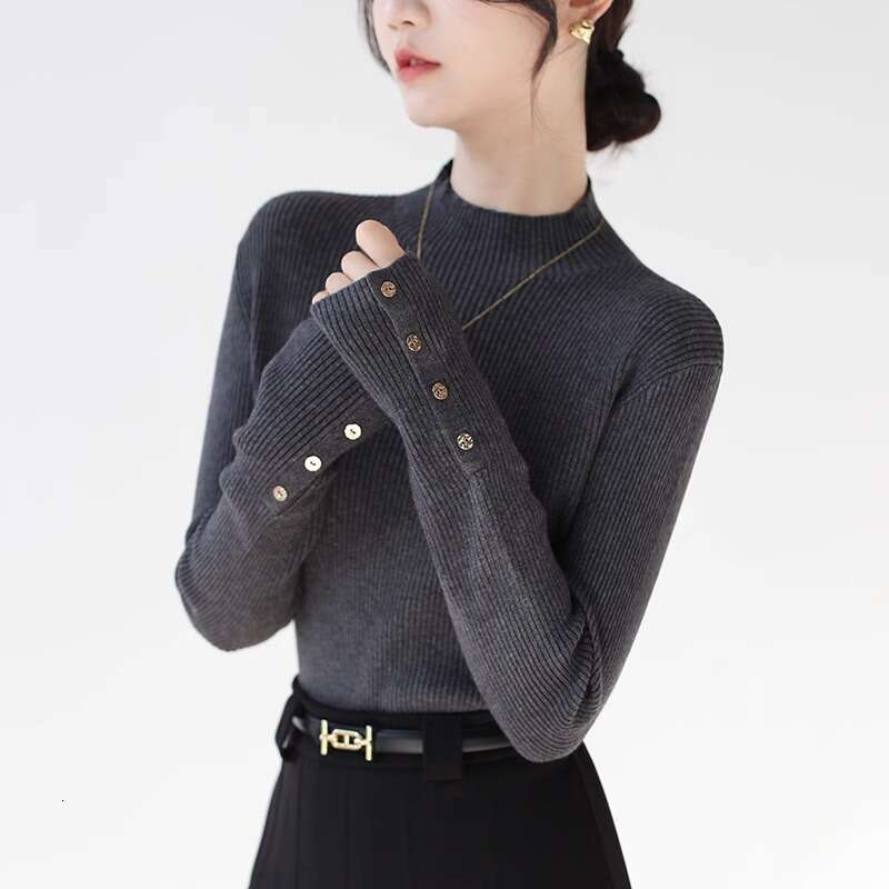 High-End Deep Gray Half Turtleneck Knitted For Women Autumn Winter Stylish Top Inner Layer Sweater Base Shirt B5