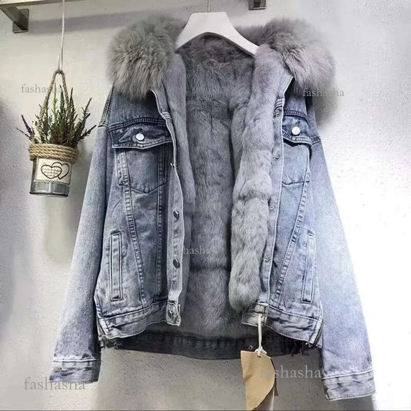 Thickened Fur Collar Denim Coat Windproof Outwear Women Fashion Jacket Loose Outware Long Sleeved Wool Autumn Winter 241007