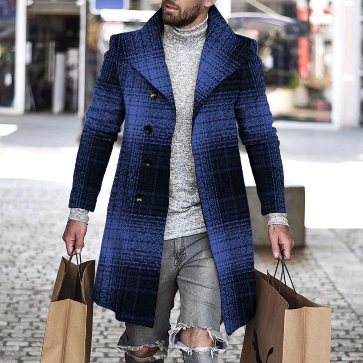 Spring new 3D digital printed mens woolen lapel plaid coat mens woolen coat mens clothing