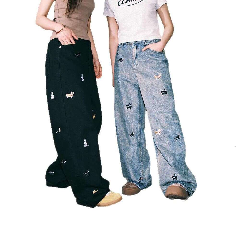 Cartoon Puppy Embroidery Fashion Jeans For Men, Fashionable Spring Couple Straight Pants, Loose Niche Casual Pants B5