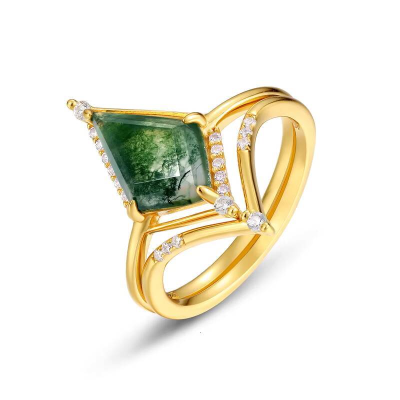 925 Sterling Silver Jewelry Plated Moissanite Ring Kite Cut Natural Moss Agate Girls Engagement Ring