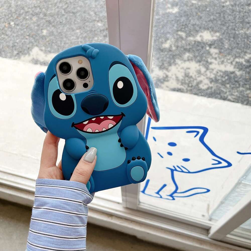 For iPhone 15 11 Max Pro 14 Plus 13 12 Kawaii Sit Big Ear Button Strap Cartoon Silicon Soft Phone Case