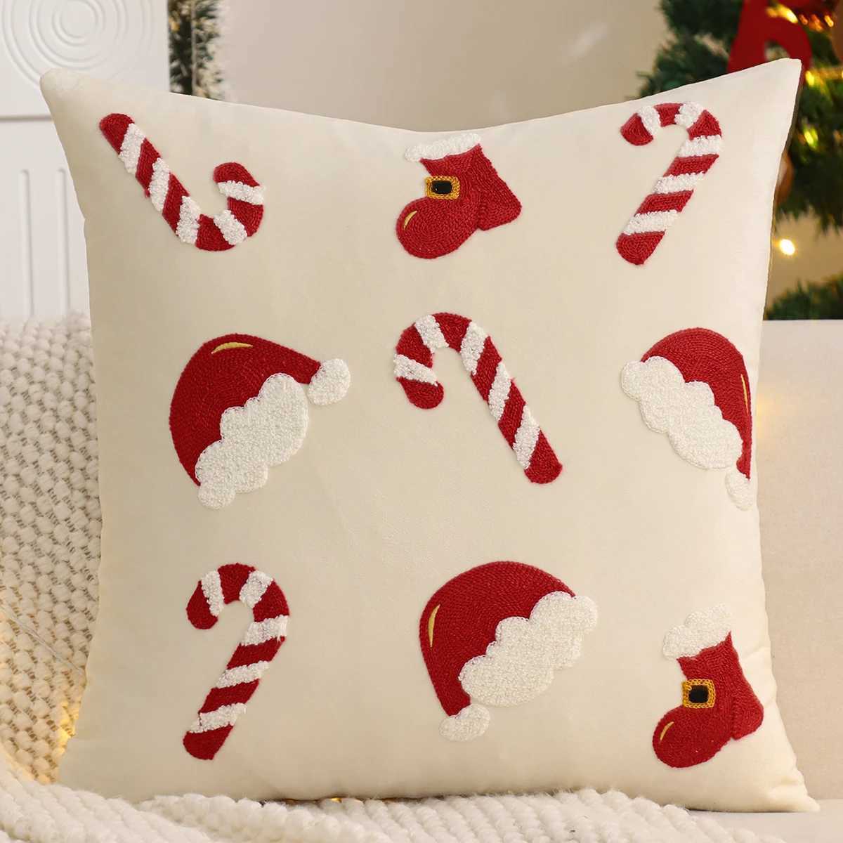 Embroidery Throw Pillow Cover Christmas Decoration Velvet Soft Christmas Tree Hat Cherry Winter Farmhouse Home Sofa Living Room Y251105