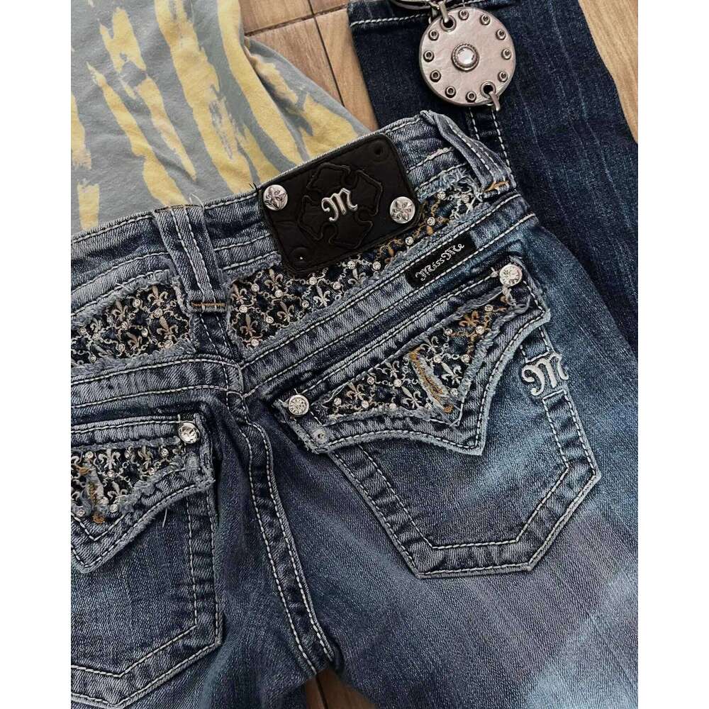 Retro Miss Me Boot Cut Female Y2k New Blue Jeans Embroidered Wing Pocket Hip Hop Haruku Gothic Wide Pants Street Wear