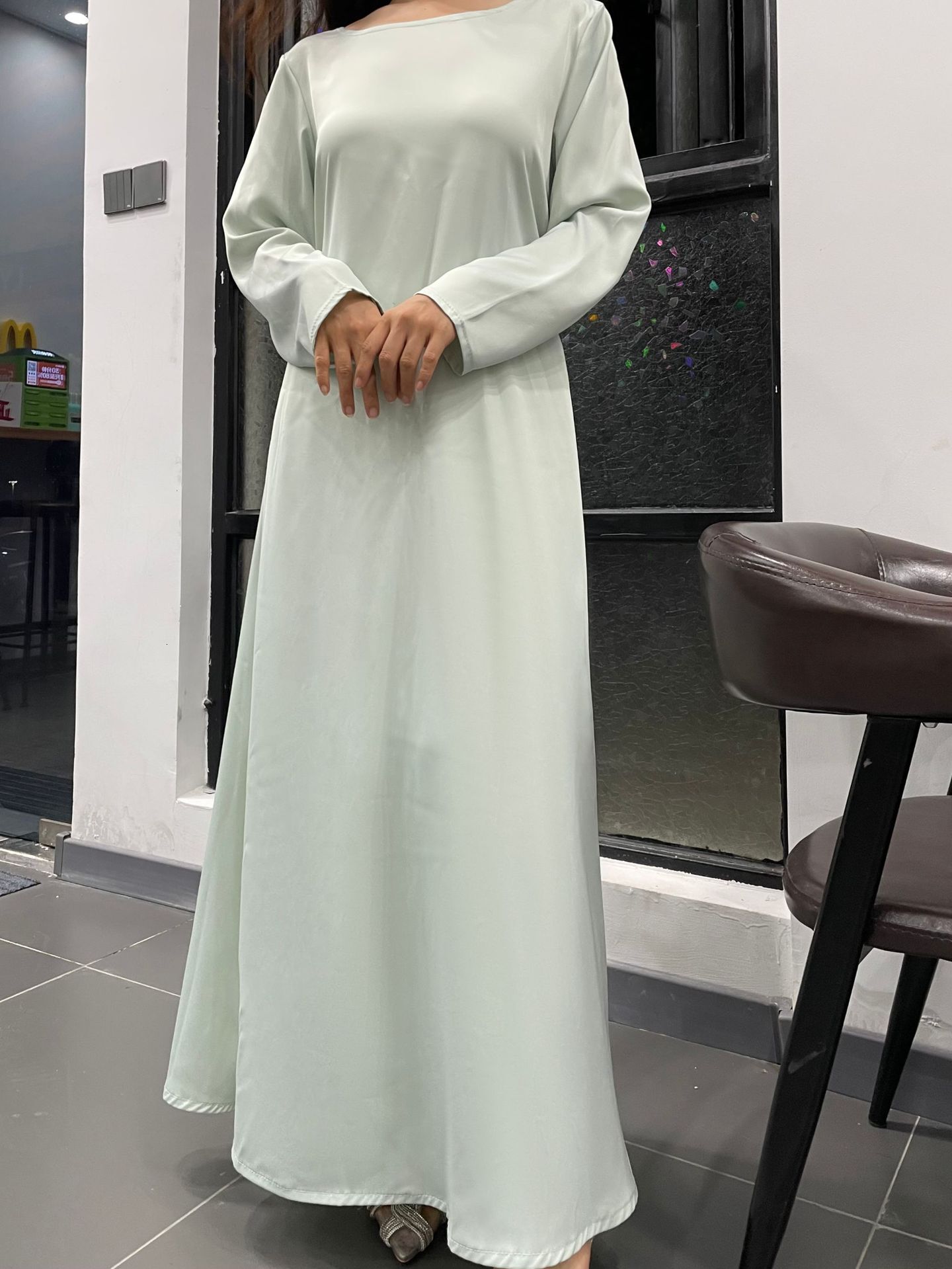 Autumn French Solid Color Interior Soft Satin Dress Dubai Home Reception Robe Abaya Maxi Dresses Islamic Clothing