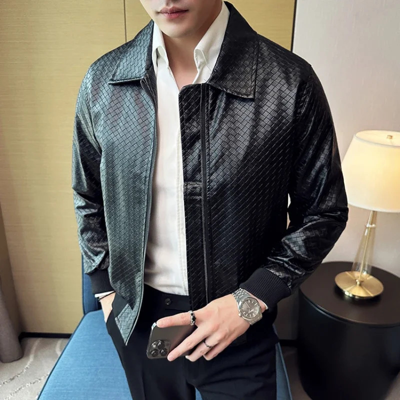 2023 Autumn Winter Men High Quality Woven Leather Jacket Fashion Lapel Business Casual Motorcycle Social Overcoat 251030
