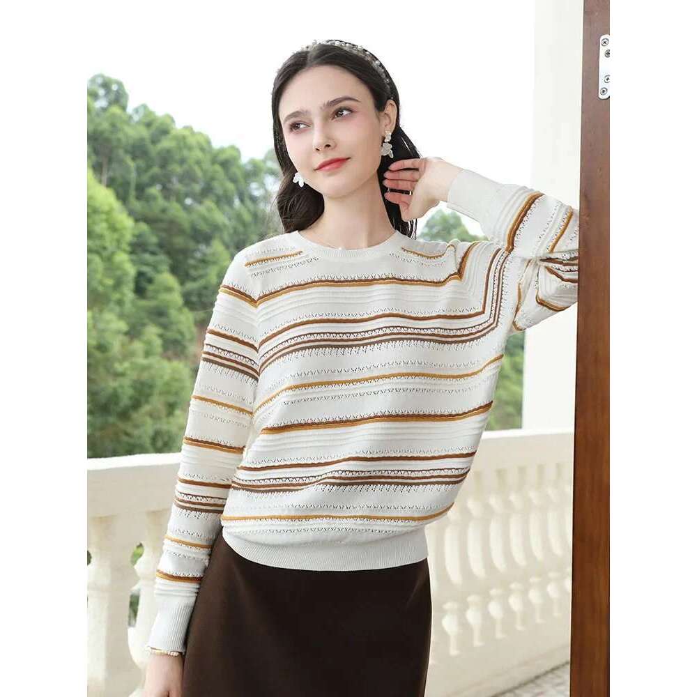 Wool Sweaters For Women Striped Color Contrast Jacquard Long-Sleeve Autumn New Classic O-Neck Tops