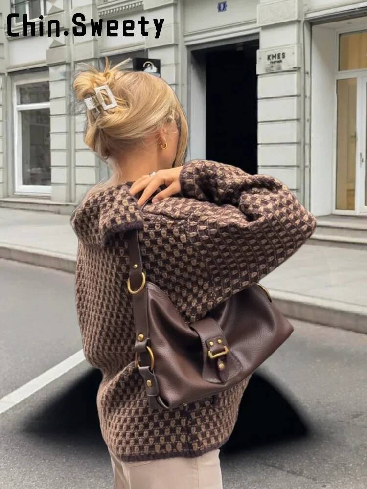 winter jacket women Fashion Caramel Lapel Plaid Knit Cardigan Women Loose Single Breast Pocket Warm Coat Autumn Lady Korean Style Knitwear New