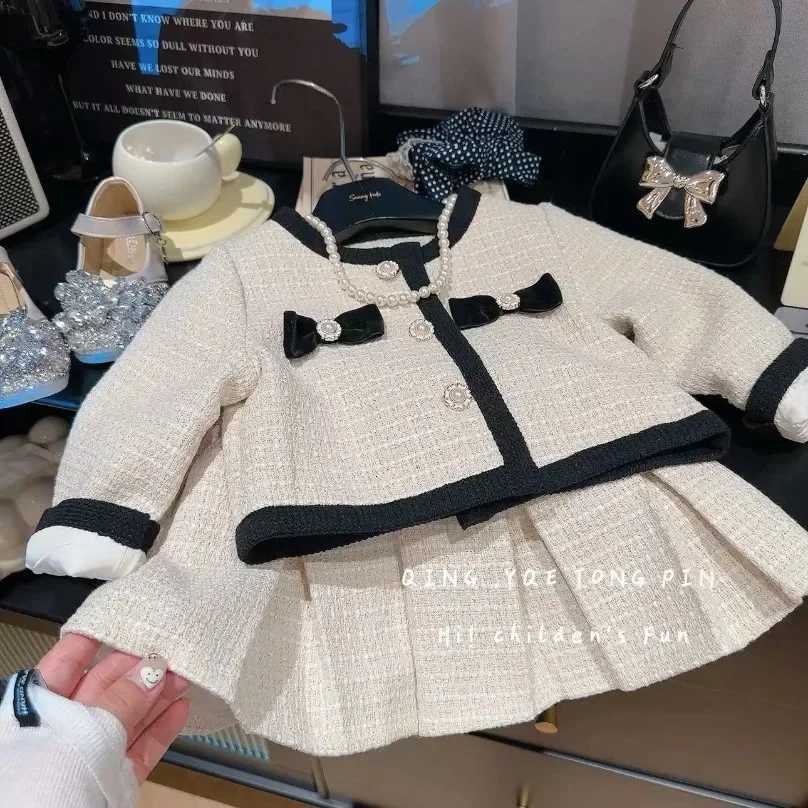 Korean Girls Small Fragrant Style Cardigan Skirt Set Baby Temperament 2024 Autumn Coat Short Skirt Two Piece New Set Y251105