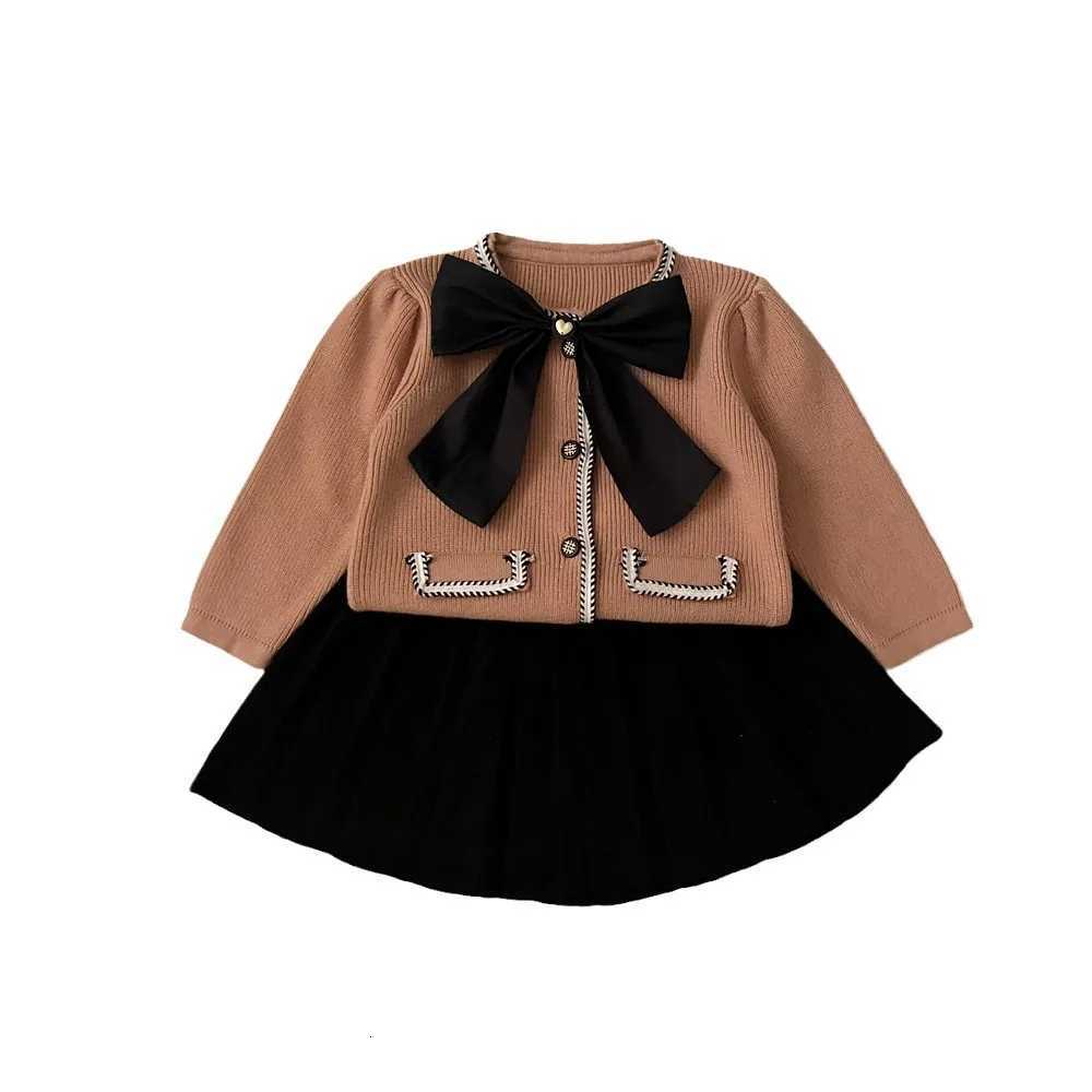 Autumn and Winter Girls Sweater Sets Campus Big Bow Knot Knitted Bubble Sleeve Cardigan Sweaterversatile Pleated Skirt 2pcs Y251105