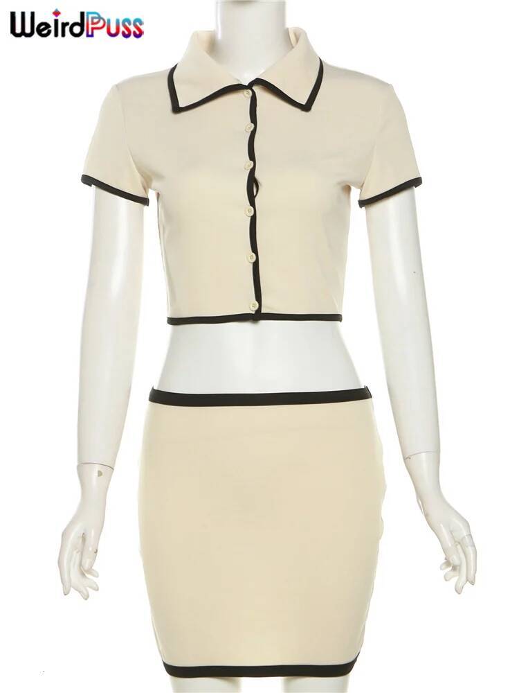 winter jacket women Weird Puss Ribbed Women 2 Piece Set Polo Neck Button Shorts Crop Tops+Mini Skirts Matching Stretch Elegant Streetwear Outfits