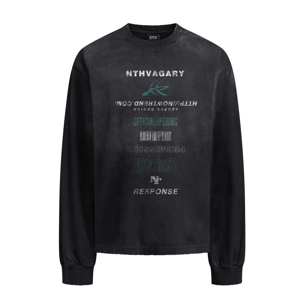 American Street Style Letter Print Long Sleeve T-Shirt Heavy Cotton Distressed Spray Paint Loose Casual Top for Men