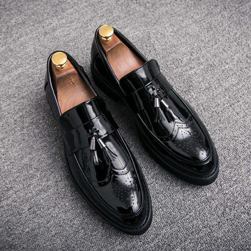 Spring trendy low cut casual leather shoes, oversized youth round toe tassels, high height men's shoes