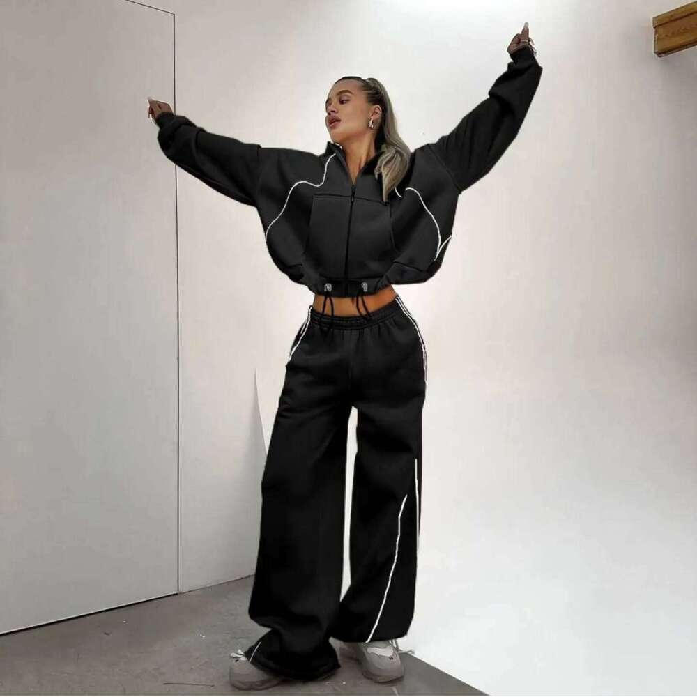 Cross-Border Women's Fashion Line Color-Block Hooded Zipper Sweatshirt Casual Loose Straight-Leg Pants Two-Piece Set For Women B5